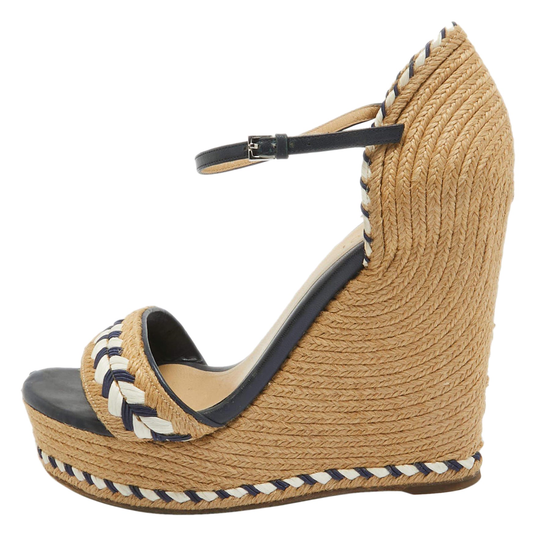 Gucci Beige/Blue Leather and Raffia Wedge Sandals Size 36