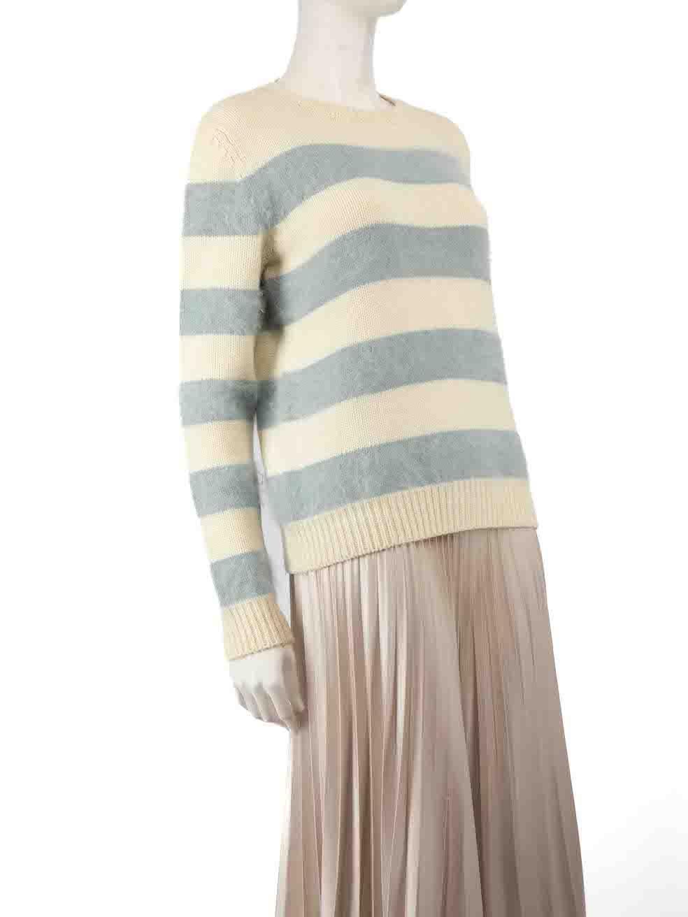 CONDITION is Very good. Minimal wear to jumper is evident. There is a small mark on the left side sleeve and sleeve hem on this used Gucci designer resale item.
 
 
 
 Details
 
 
 Multicolour- beige and blue
 
 Wool
 
 Knit jumper
 
 Striped