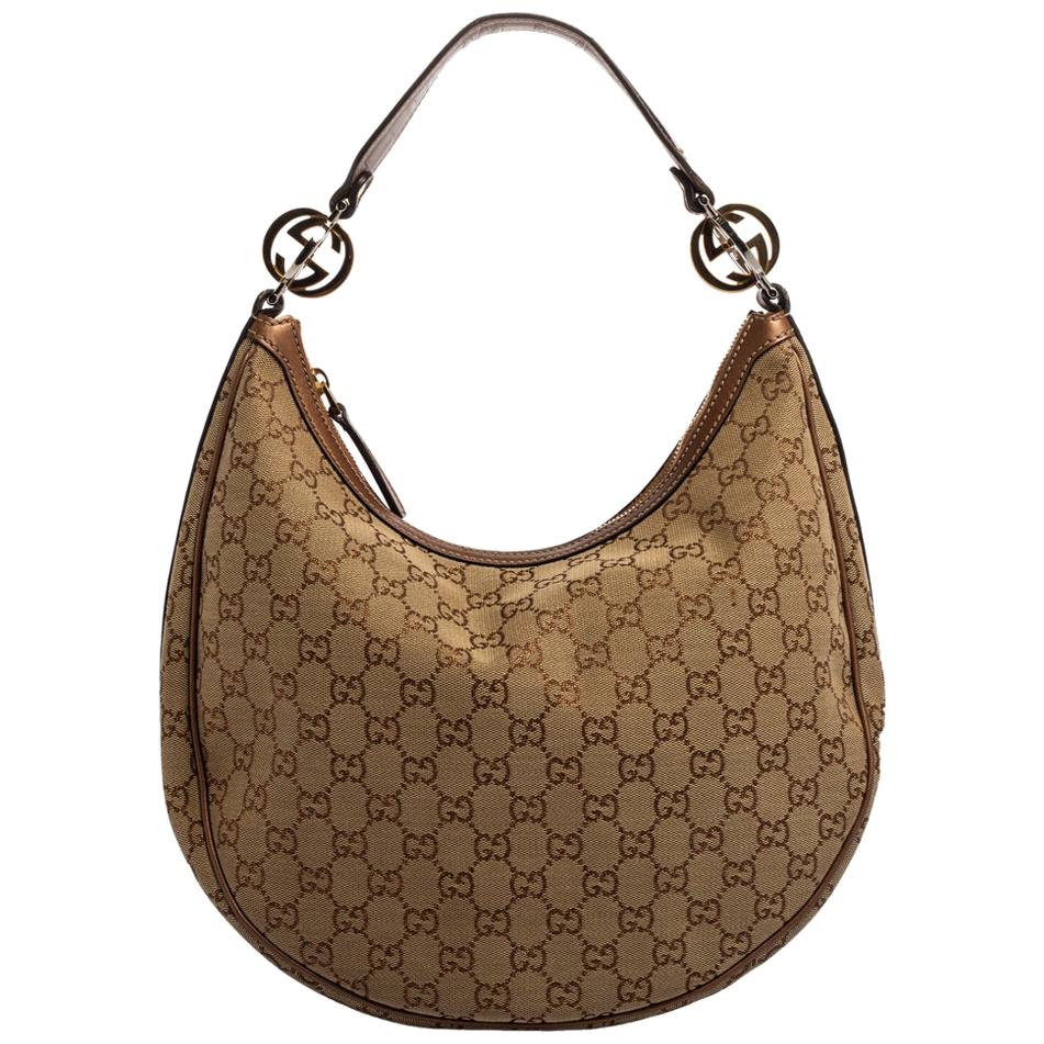 Gucci Beige/Bronze GG Canvas and Leather GG Twins Medium Hobo at 1stDibs