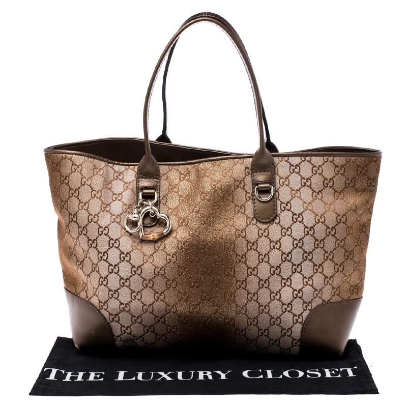 Gucci Beige/Bronze GG Canvas and Leather Medium Embellished Heart Bit Tote 4