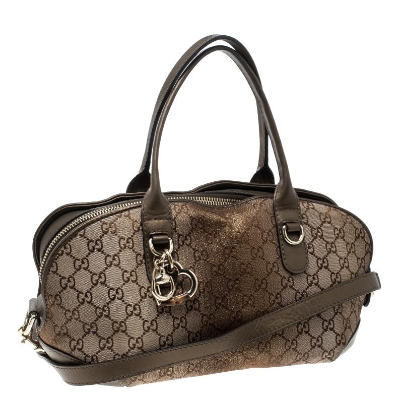 Gucci Beige/Bronze Metallic GG Canvas Heart Bit Top Handle Bag In Good Condition In Dubai, Al Qouz 2
