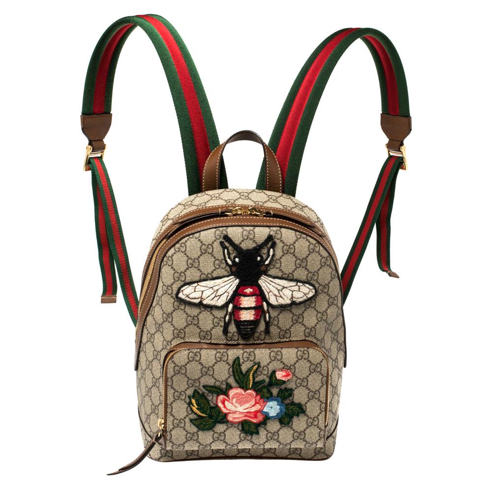 Gucci Beige/Brown Bee Embroidered GG Supreme Canvas Small Day Backpack