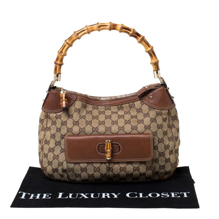 Gucci Beige/Brown Canvas and Leather Bamboo Handle Top Handle Bag For Sale at 1stdibs