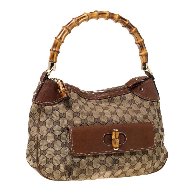 Women's Gucci Beige/Brown Canvas and Leather Bamboo Handle Top Handle Bag