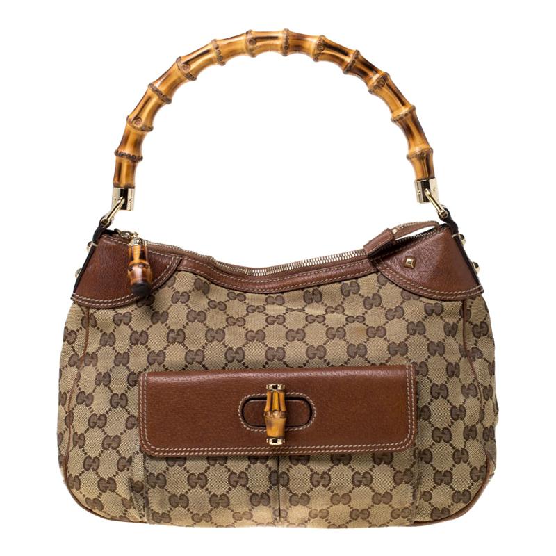 Gucci Beige/Brown Canvas and Leather Bamboo Handle Top Handle Bag