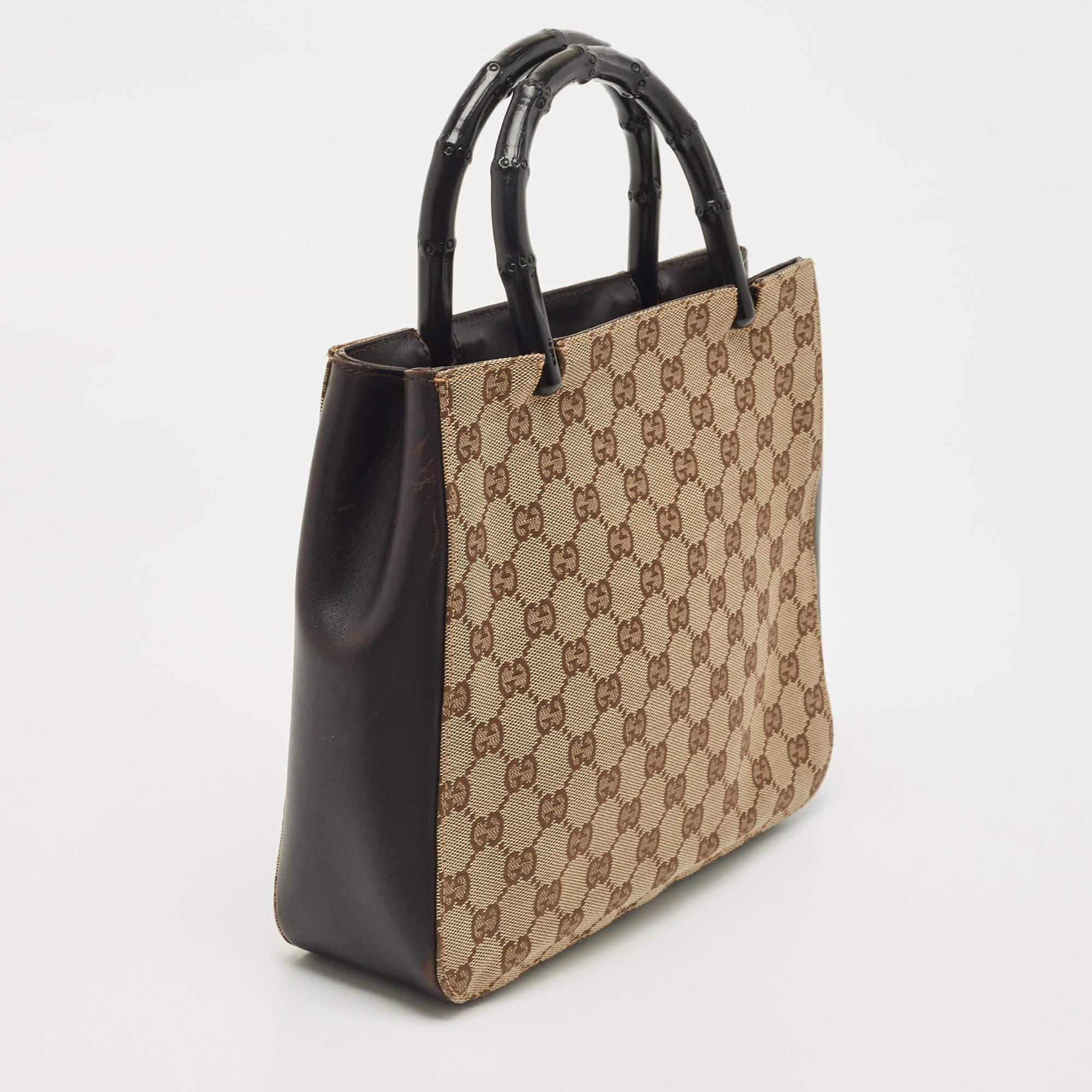 Women's Gucci Beige/Brown Canvas And Leather Bamboo Handle Tote