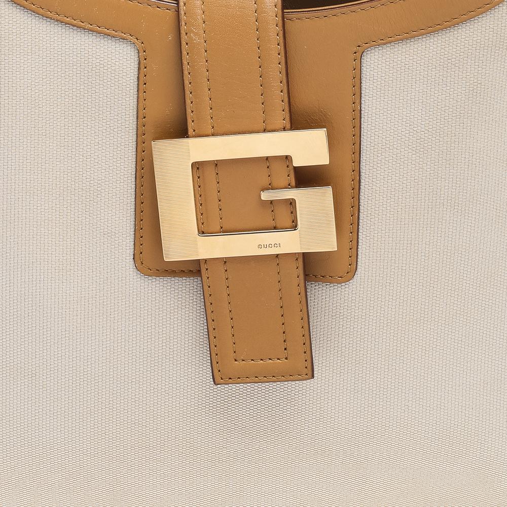 Gucci Beige/Brown Canvas And Leather G Square Buckle Hobo 4