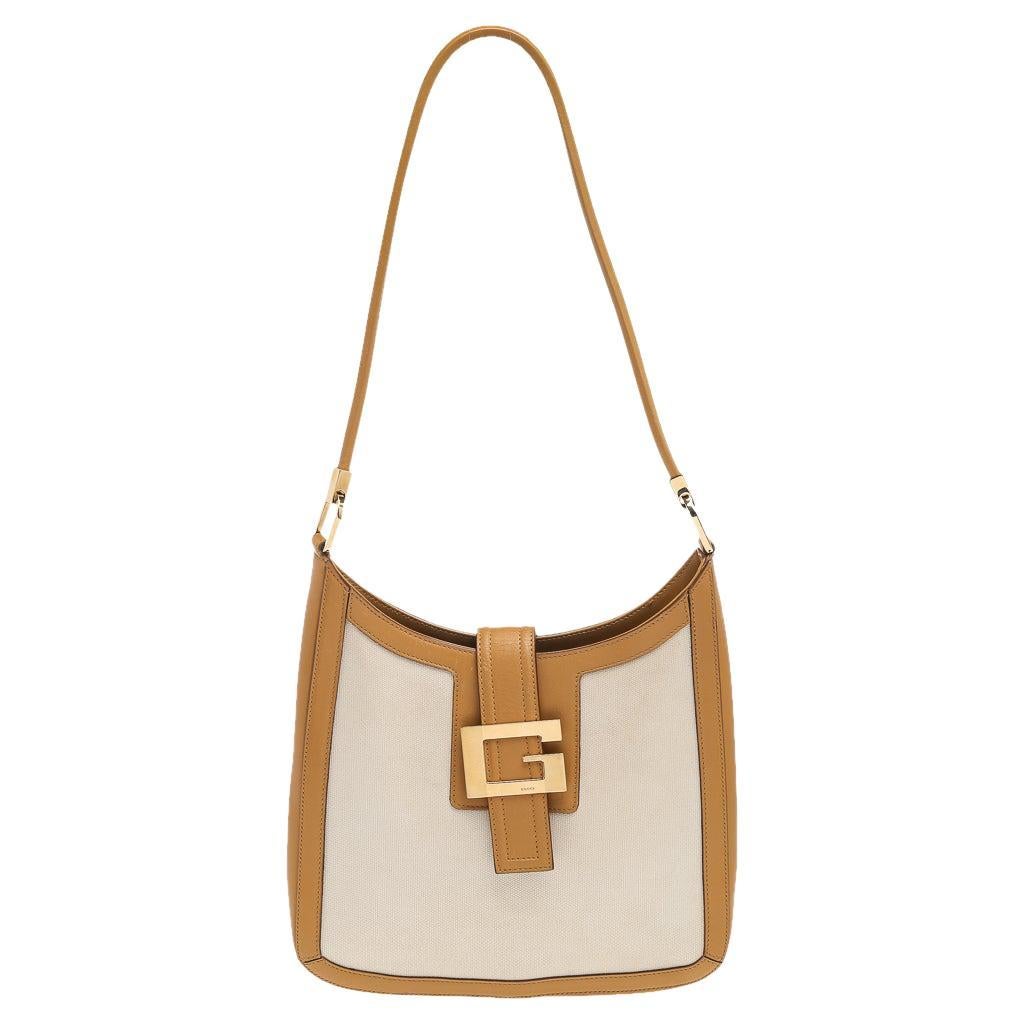 Gucci Beige/Brown Canvas And Leather G Square Buckle Hobo