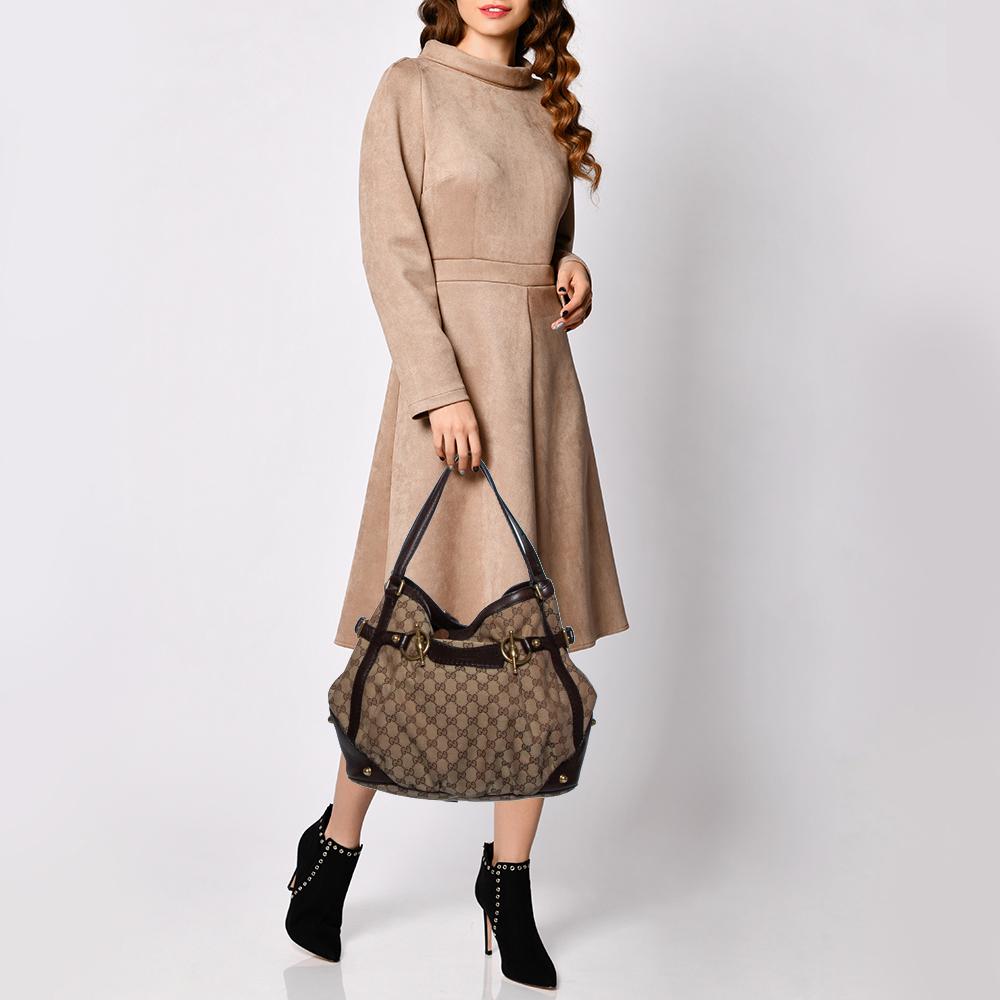 Gucci Beige/Braun Canvas und Leder Horsebit Jockey Tote im Zustand „Gut“ in Dubai, Al Qouz 2