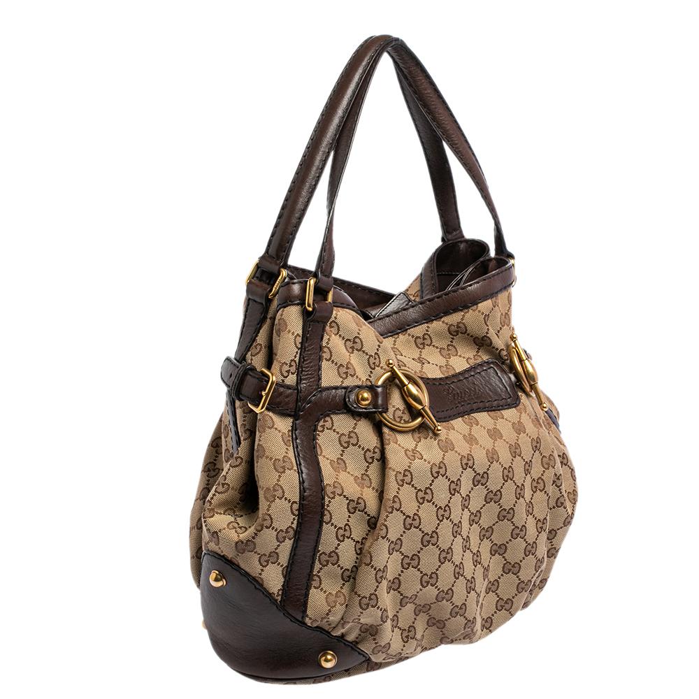 Gucci Beige/Braun Canvas und Leder Horsebit Jockey Tote Damen