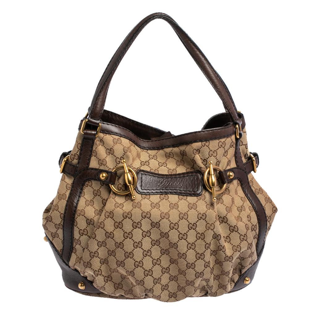 Vintage Gucci GG Logo Canvas Leather Horsebit Bucket Bag with Double Handles // Monogrammed Shoulder Bag Purse