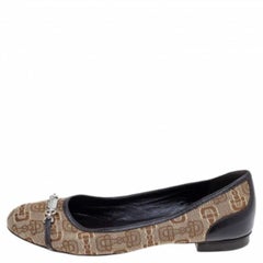 Gucci Beige/Brown Canvas and Leather Logo Embellished Ballet Flats Size 39