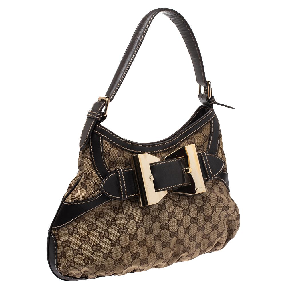 Black Gucci Beige/Brown Canvas and Leather Small Queen Hobo