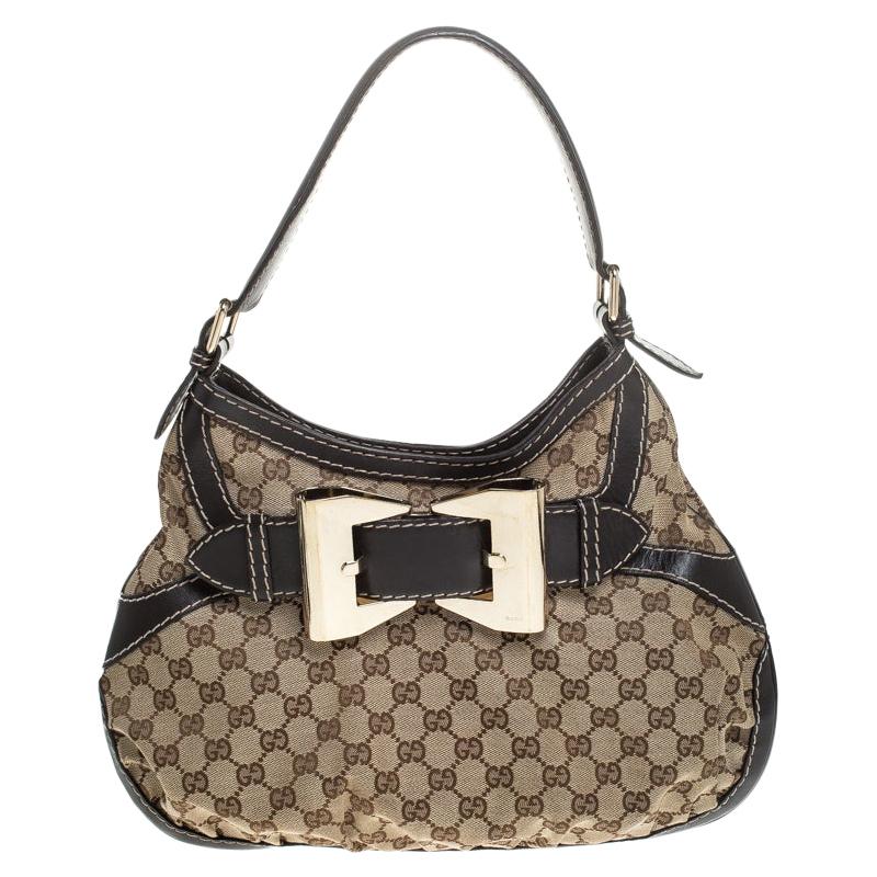 Gucci Beige/Brown Canvas and Leather Small Queen Hobo