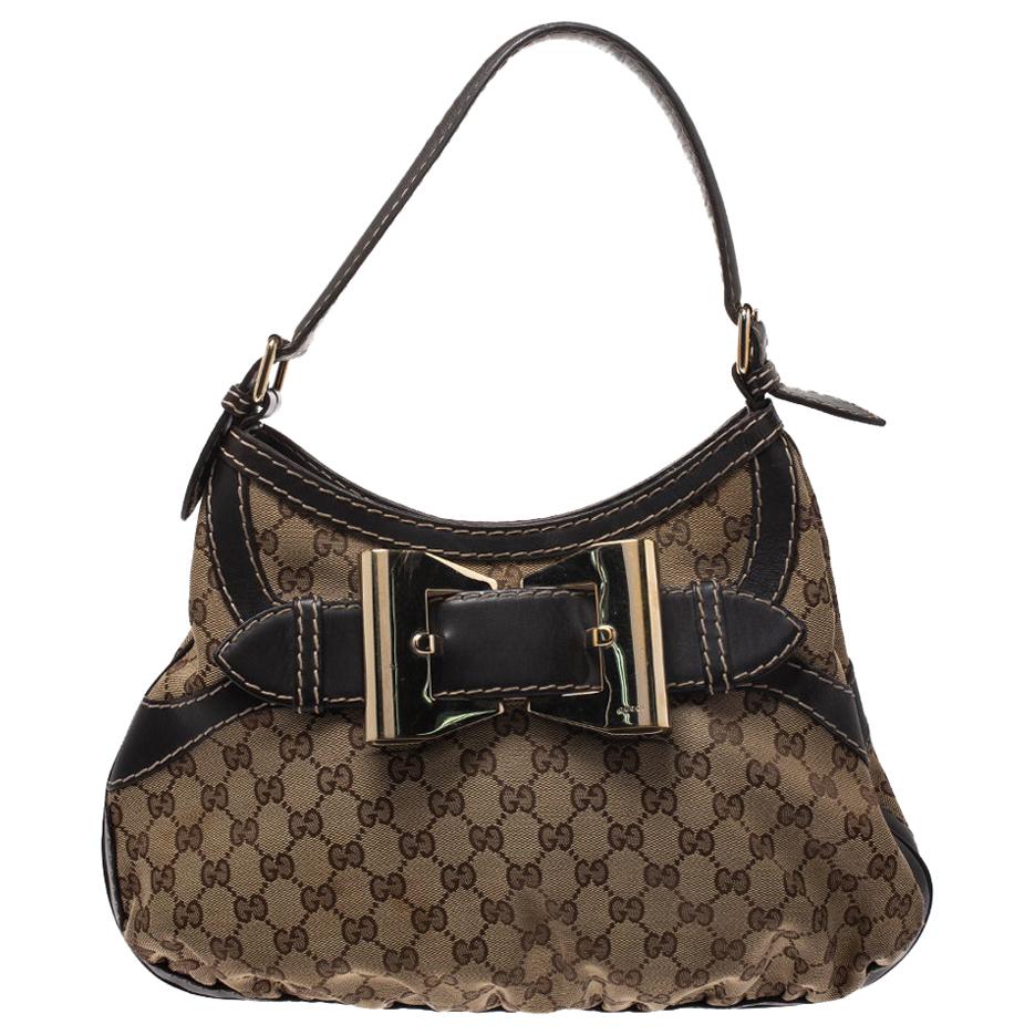 Gucci Beige/Brown Canvas and Leather Small Queen Hobo