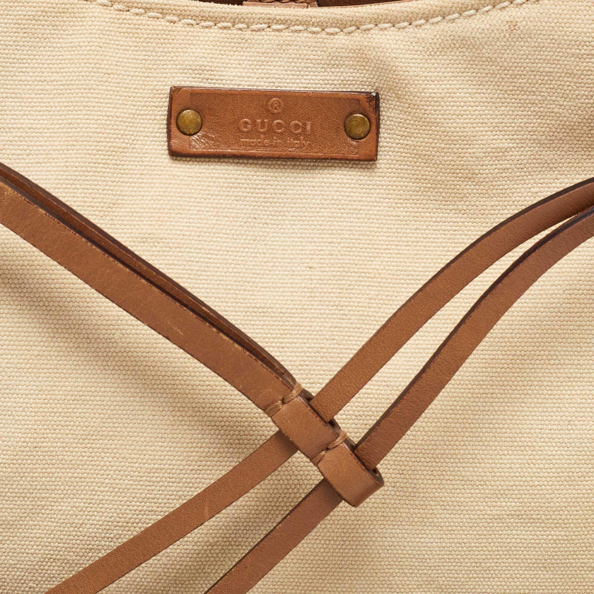 Women's Gucci Beige/Brown Canvas and Leather Vintage Bamboo Hobo For Sale
