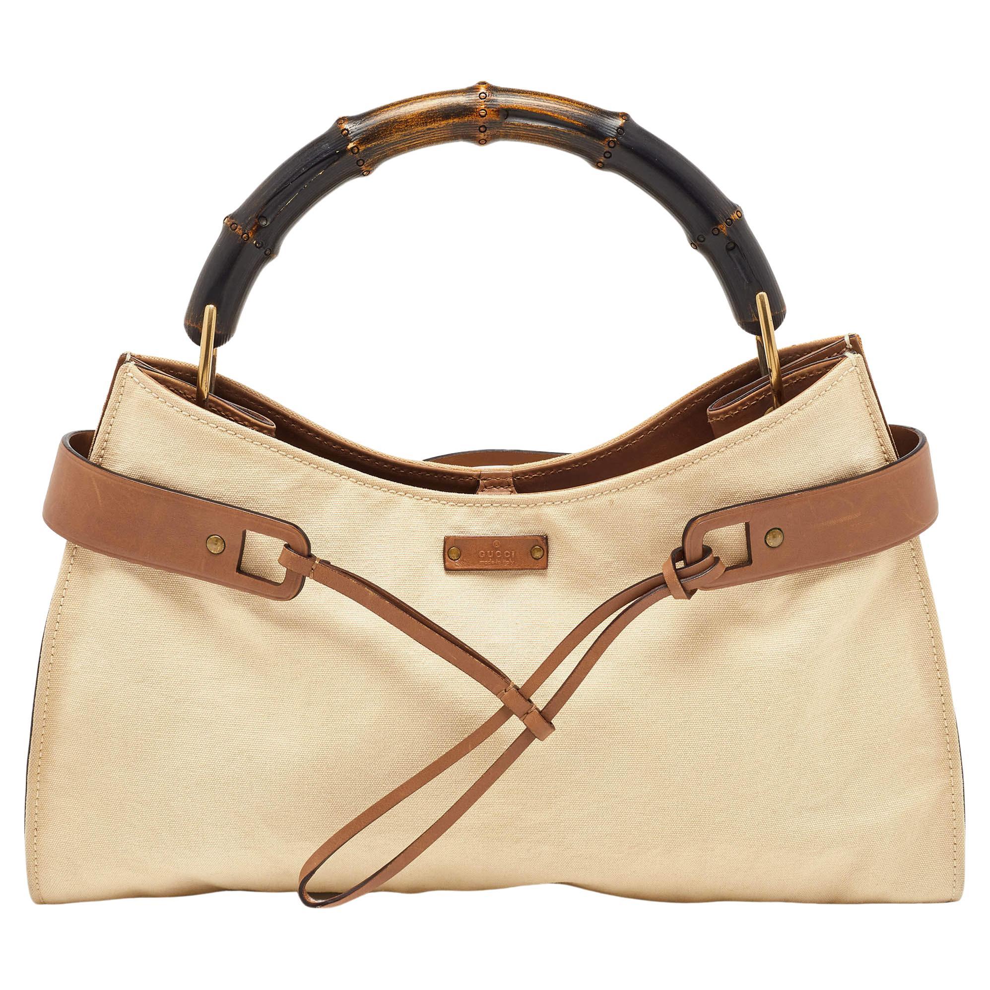 Gucci Beige/Brown Canvas and Leather Vintage Bamboo Hobo For Sale