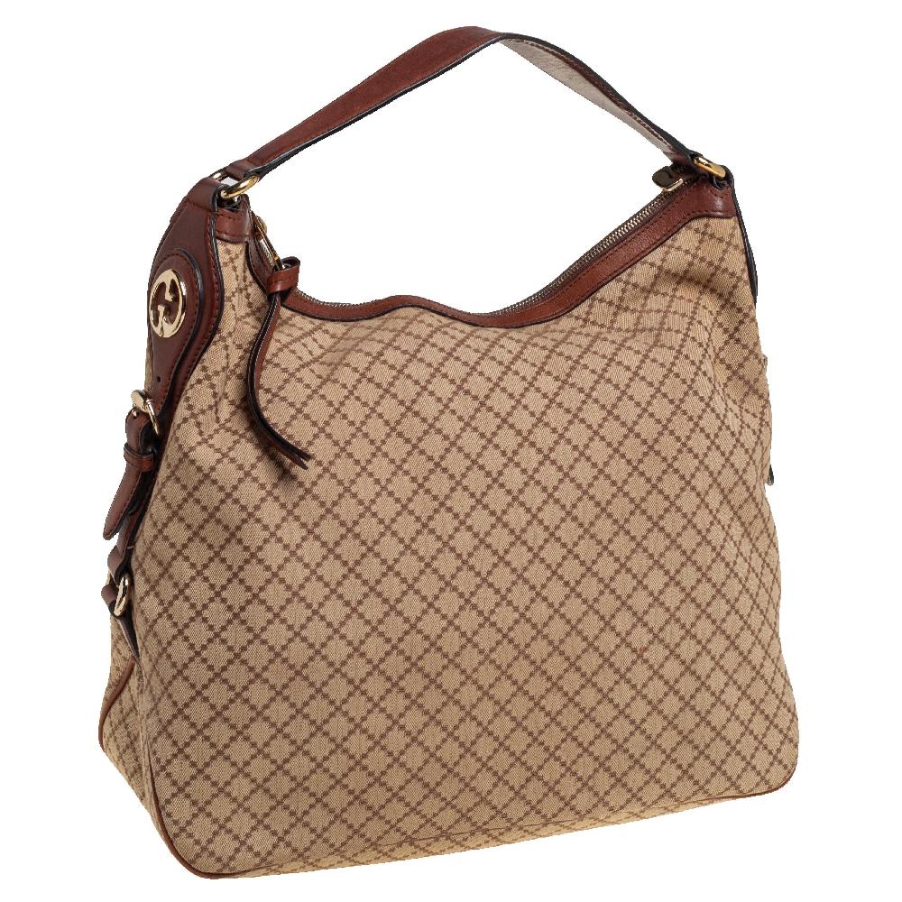 Gucci Beige/Brown Diamante Canvas and Leather Village Double G Hobo In Fair Condition In Dubai, Al Qouz 2