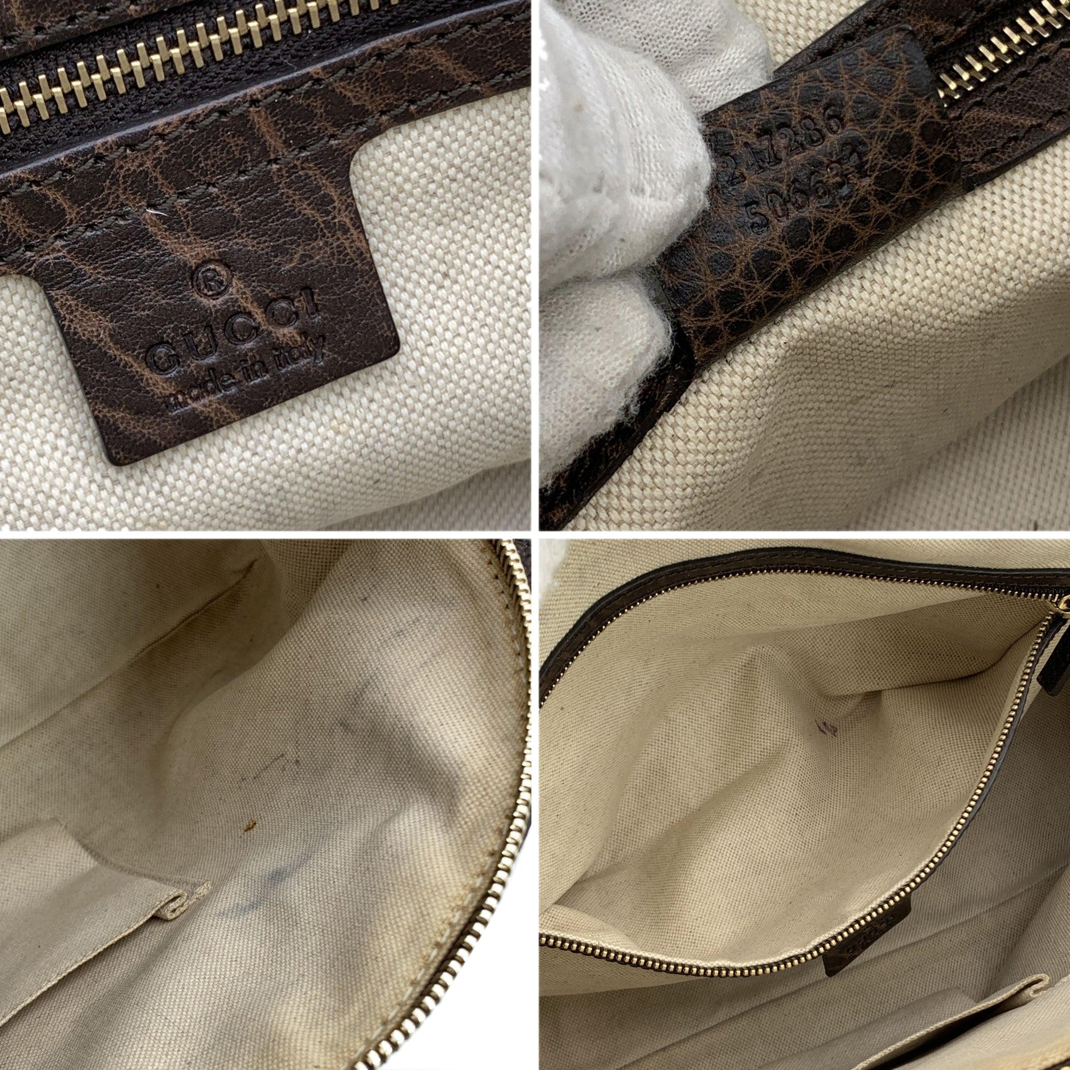Gucci Beige Brown Diamante Canvas Horsebit Catherine Satchel Bag In Good Condition For Sale In Rome, Rome