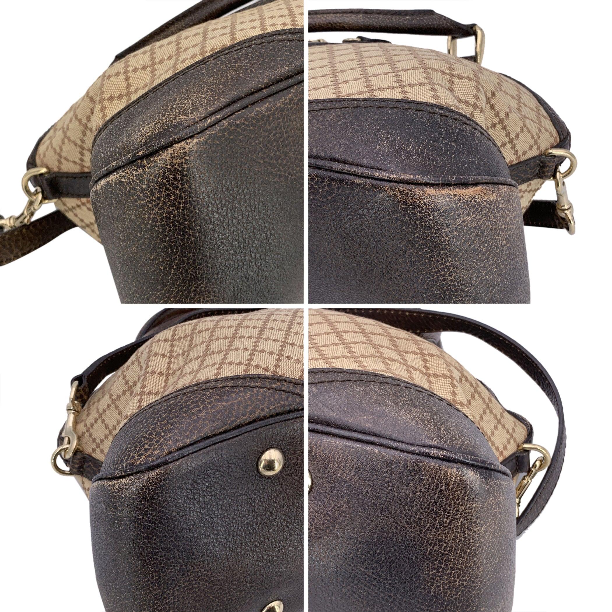 Gucci Beige Brown Diamante Canvas Horsebit Catherine Satchel Bag For Sale 1