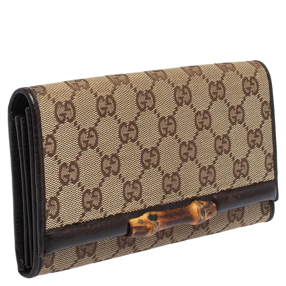 Gucci Beige/Brown GG Canvas and Leather Bamboo Continental Wallet In Good Condition In Dubai, Al Qouz 2