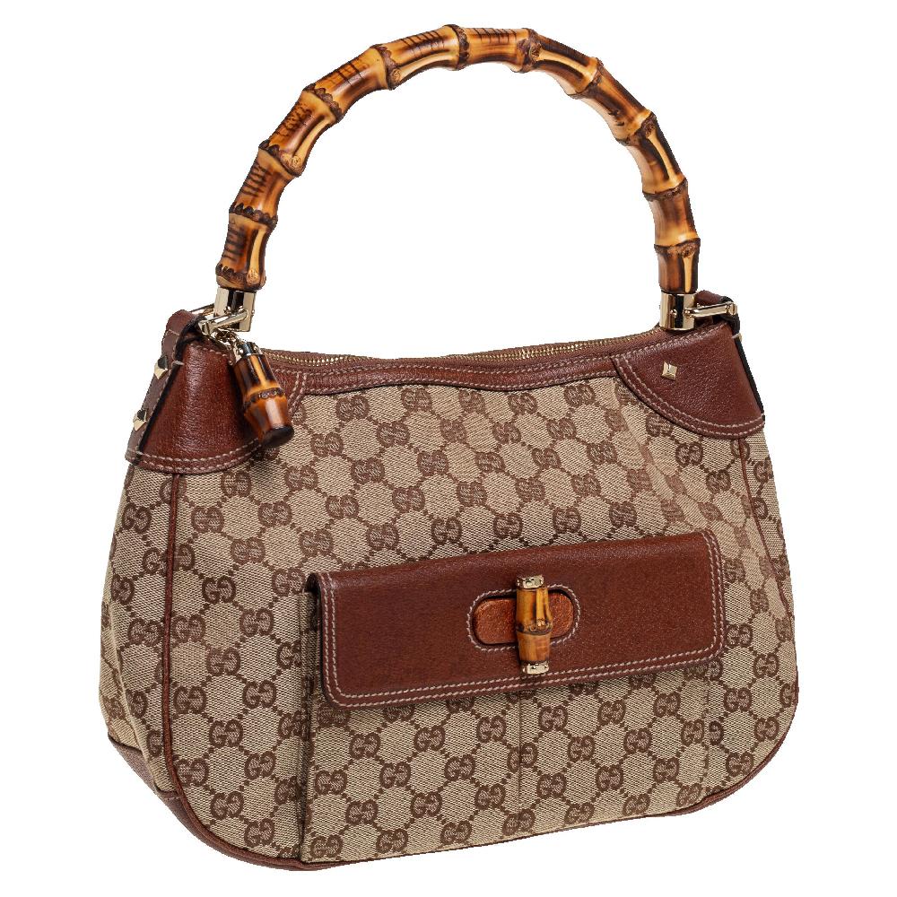 Women's Gucci Beige/Brown GG Canvas and Leather Bamboo Hobo