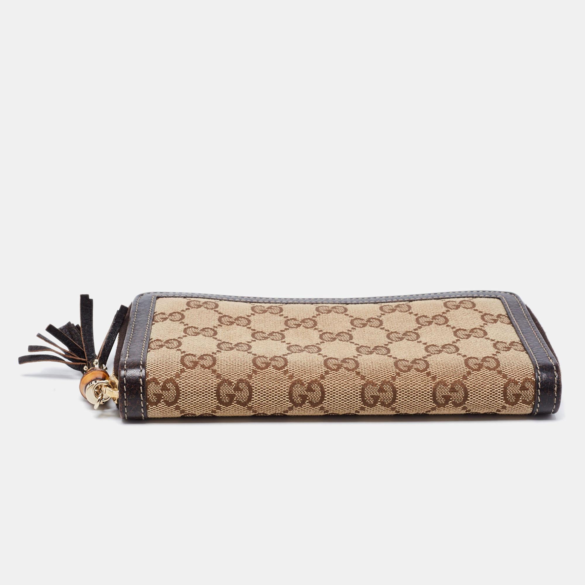 Black Gucci Beige/Brown GG Canvas And Leather Bamboo Zip Around Wallet