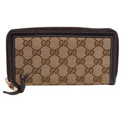 Gucci Beige/Brown GG Canvas And Leather Bamboo Zip Around Wallet