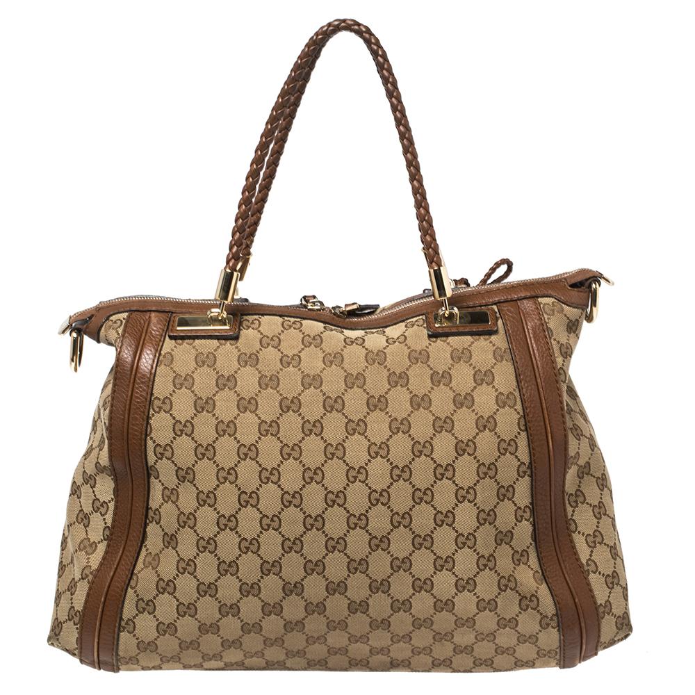 Women's Gucci Beige/Brown GG Canvas and Leather Bella Tote