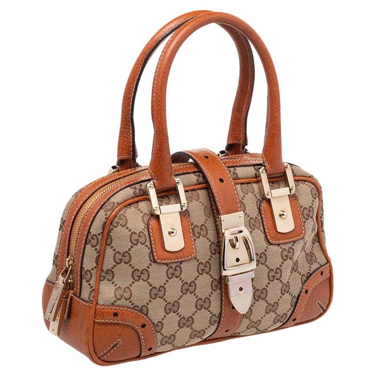 Gucci Beige/Brown GG Canvas and Leather Bowler Bag at 1stDibs