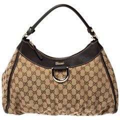Gucci Beige/Brown GG Canvas and Leather D Ring Hobo