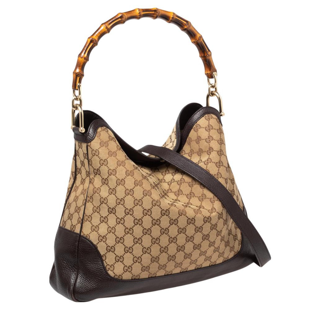 Women's Gucci Beige/Brown GG Canvas And Leather Diana Bamboo Hobo