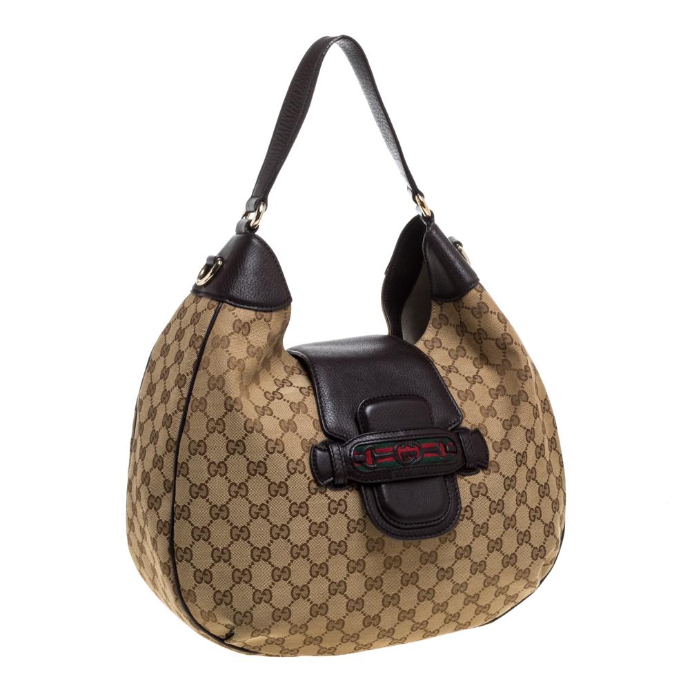 Gucci Beige/Braun GG Canvas und Leder Dressur Hobo Damen