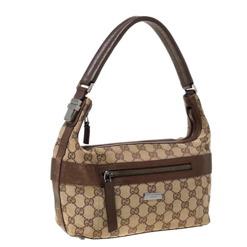 Women's Gucci Beige/Brown GG Canvas and Leather Front Zip Shoulder Bag