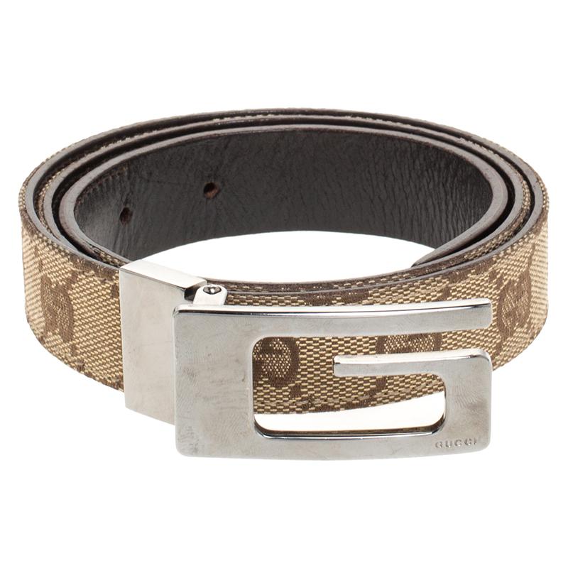 Black Gucci Beige/Brown GG Canvas and Leather G Buckle Belt 80CM