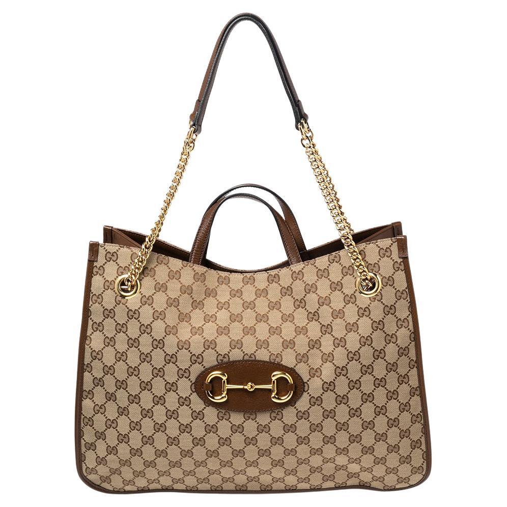 Gucci Beige/Brown GG Canvas and Leather Horsebit 1955 Tote