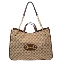 Gucci Beige/Brown GG Canvas and Leather Horsebit 1955 Tote