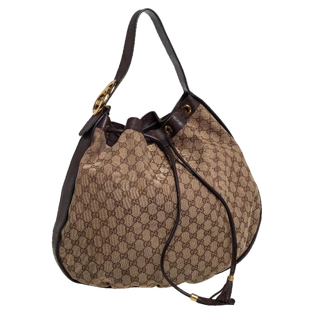 Women's Gucci Beige/Brown GG Canvas and Leather Interlocking Icon Drawstring Hobo