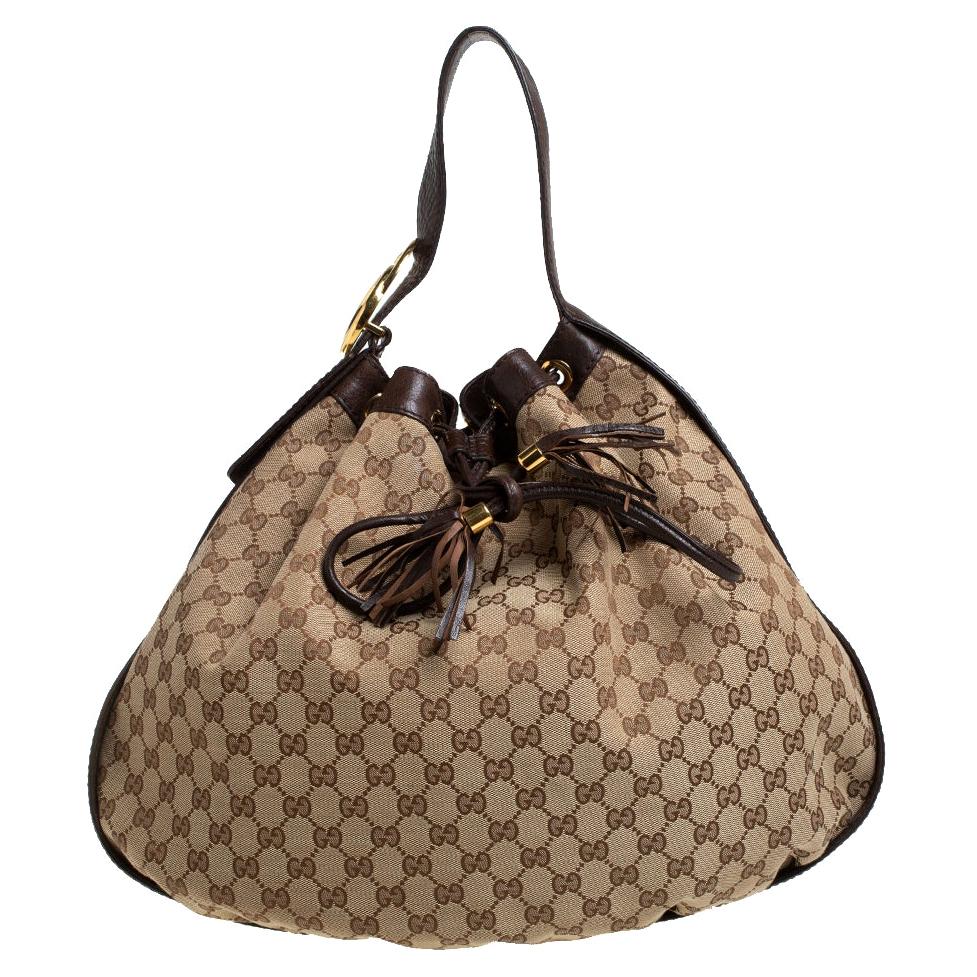 Gucci Beige/Brown GG Canvas and Leather Interlocking Icon Drawstring Hobo