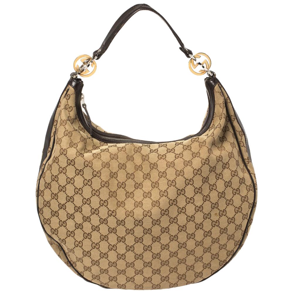 Gucci Beige/Brown GG Canvas and Leather Large GG Twins Hobo