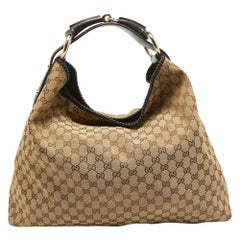 Gucci Beige/Marrone GG Tela e Pelle Grande Horsebit Hobo
