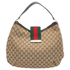 Gucci Beige/Brown GG Canvas and Leather Large New Ladies Web Hobo