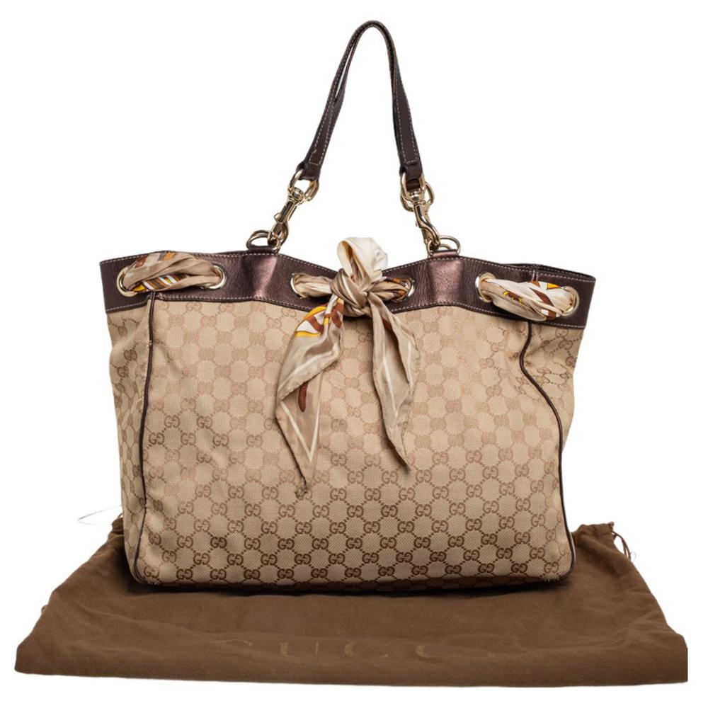 Gucci Beige/Brown GG Canvas and Leather Large Positano Scarf Tote 7