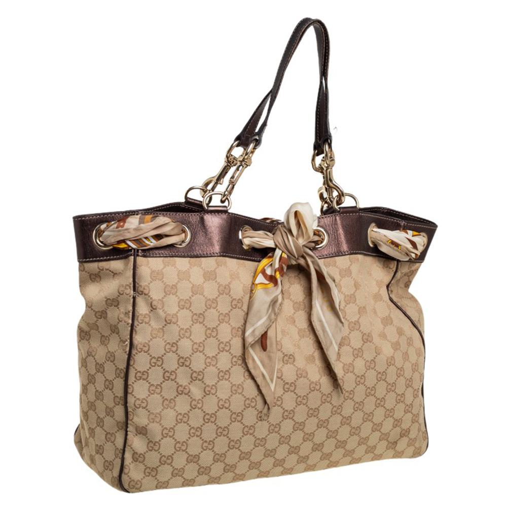 Gucci Beige Brown GG Canvas and Leather Large Positano Scarf Tote