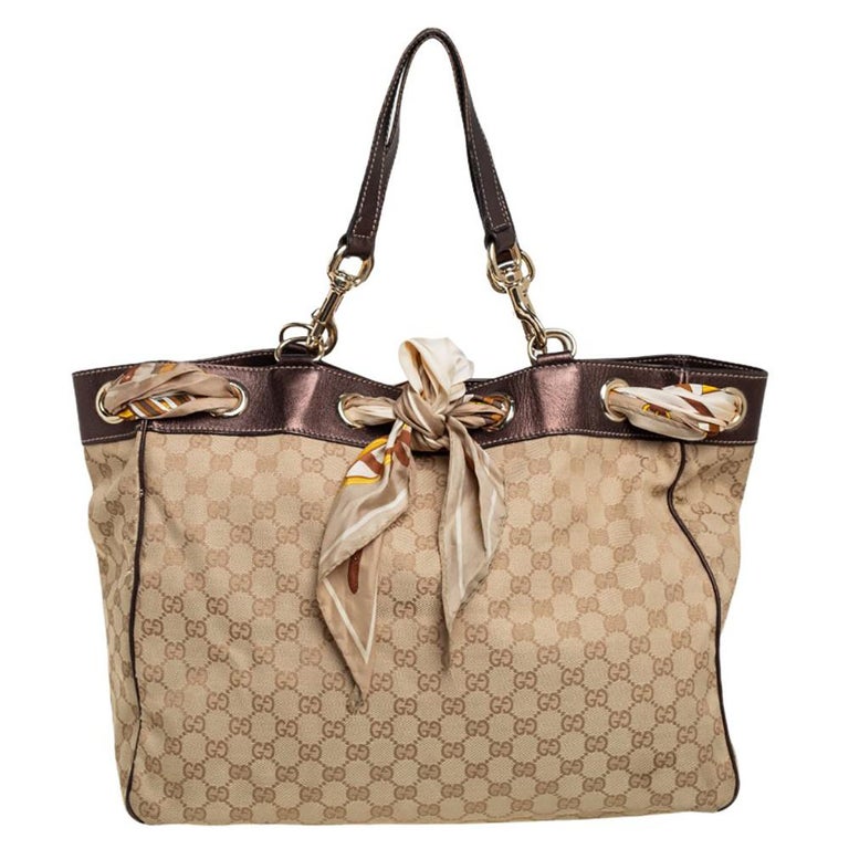 Gucci Beige/Brown GG Canvas and Leather Large Positano Scarf Tote For Sale  at 1stDibs | gucci bag with scarf, gucci positano scarf tote bag, gucci  scarf bag