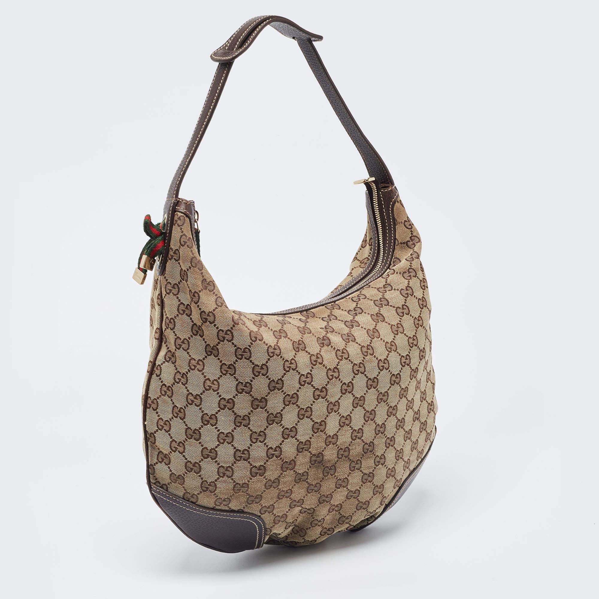 Gucci Beige/Brown GG Canvas and Leather Large Princy Hobo In Good Condition For Sale In Dubai, Al Qouz 2