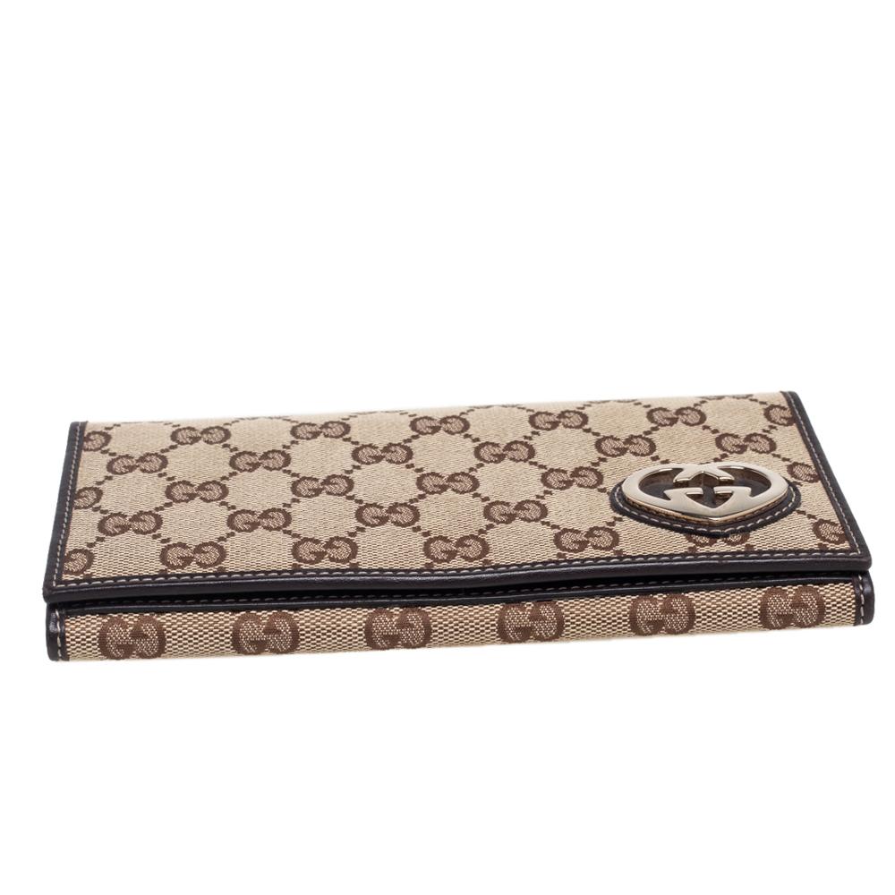 Gucci Beige/Brown GG Canvas and Leather Lovely Heart Continental Wallet In Good Condition In Dubai, Al Qouz 2