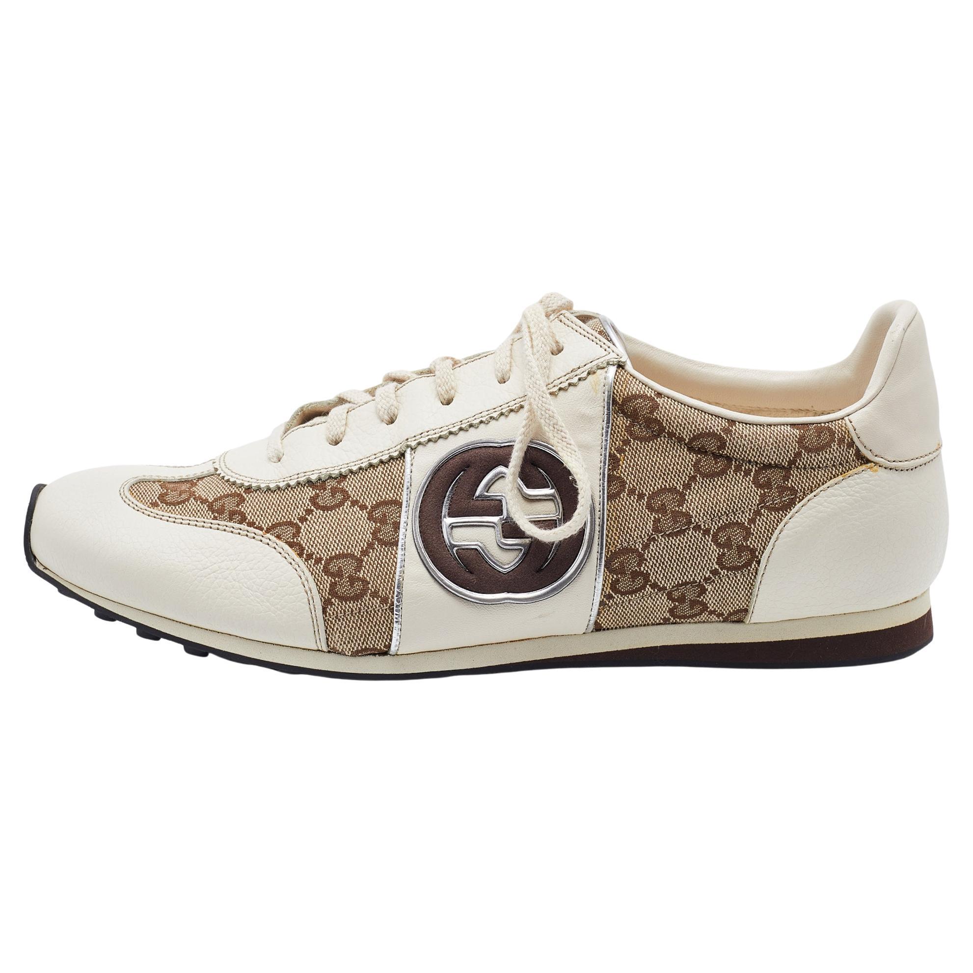 Gucci Beige/Brown GG Canvas and Leather Low Top Sneakers Size 43.5 For Sale  at 1stDibs