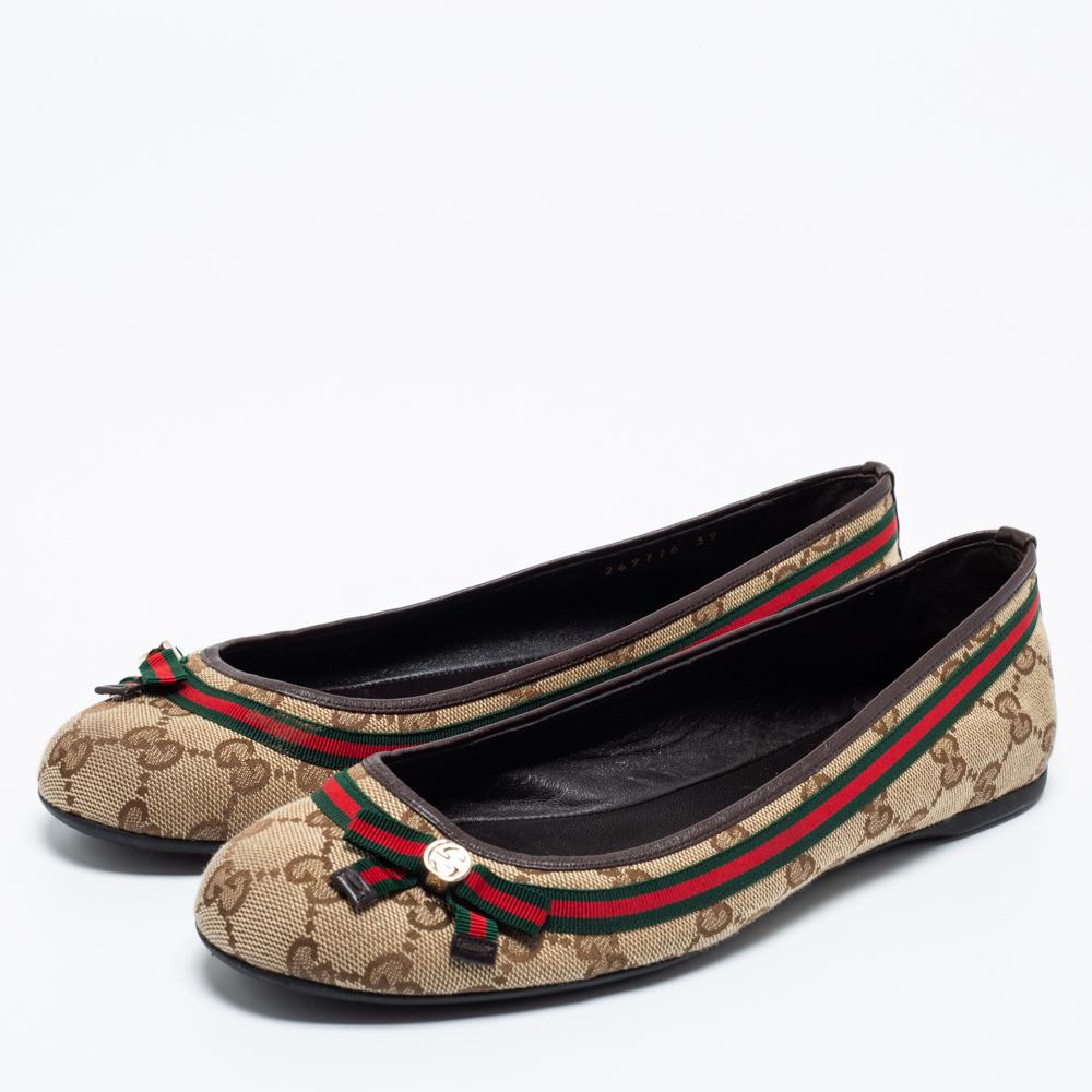 Gucci Beige/Brown GG Canvas And Leather Mayfair Detail Ballet Flats Size 39 In Good Condition In Dubai, Al Qouz 2