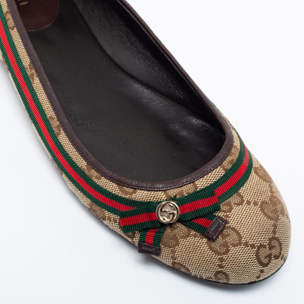 Women's Gucci Beige/Brown GG Canvas And Leather Mayfair Detail Ballet Flats Size 39